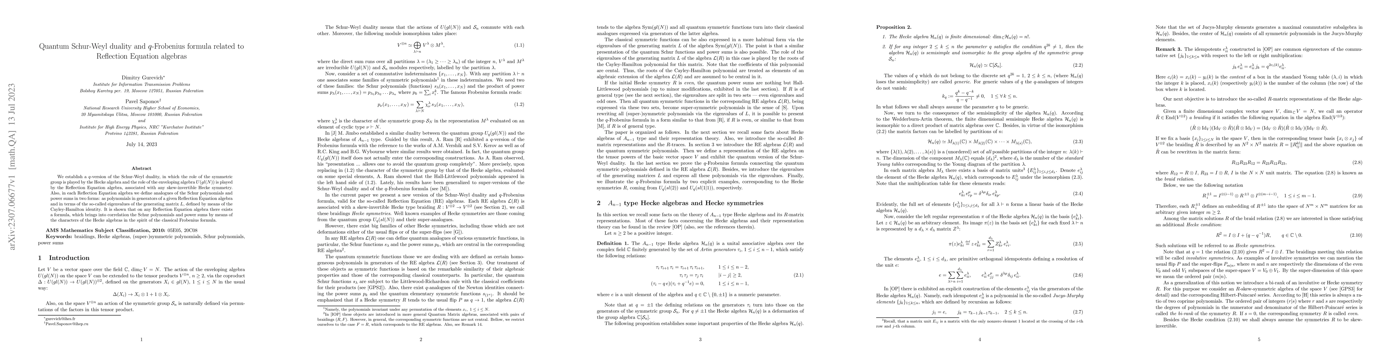 Thumbnail for Quantum Schur-Weyl duality and q-Frobenius formula related to Reflection
  Equation algebras