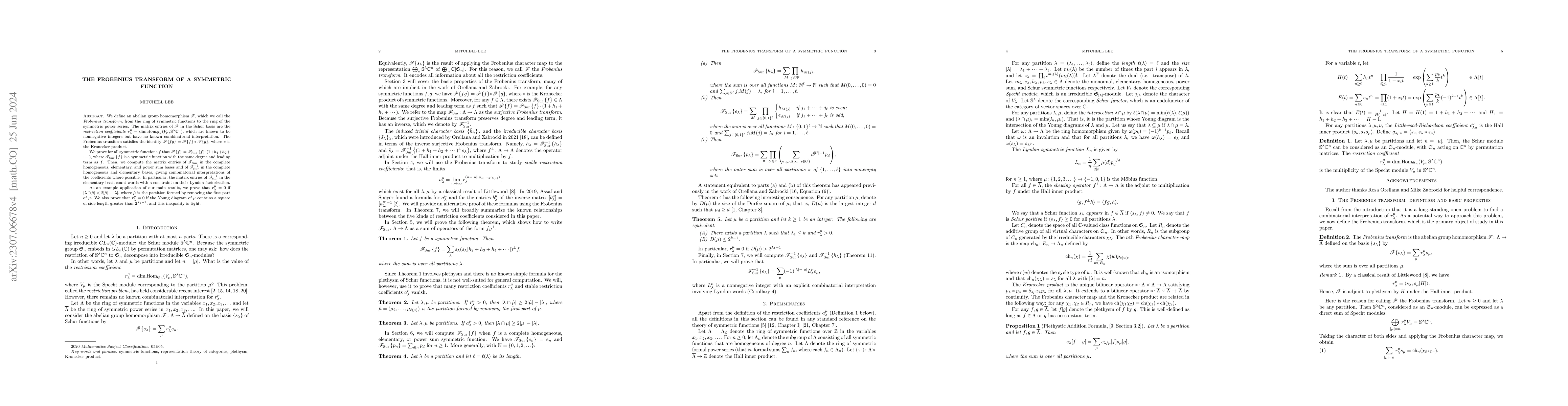 Thumbnail for The Frobenius transform of a symmetric function