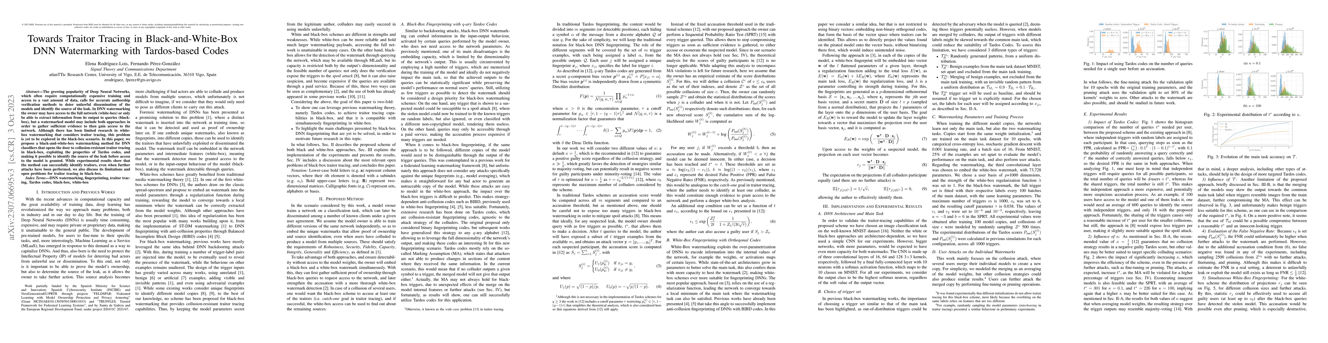 Thumbnail for Towards Traitor Tracing in Black-and-White-Box DNN Watermarking with
  Tardos-based Codes