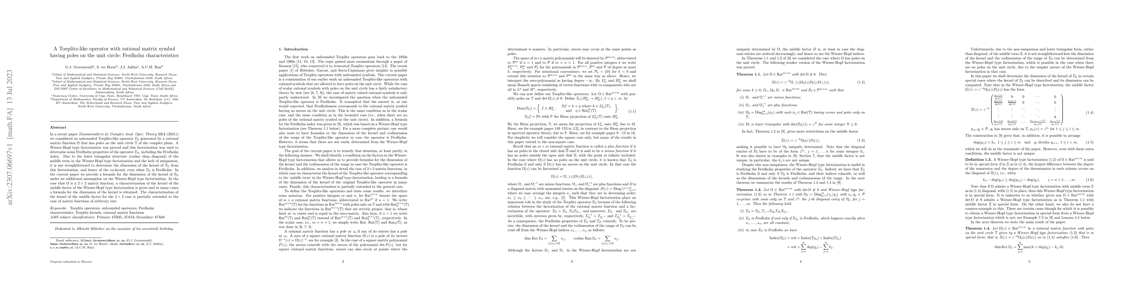 Thumbnail for A Toeplitz-like operator with rational matrix symbol having poles on the
  unit circle: Fredholm characteristics