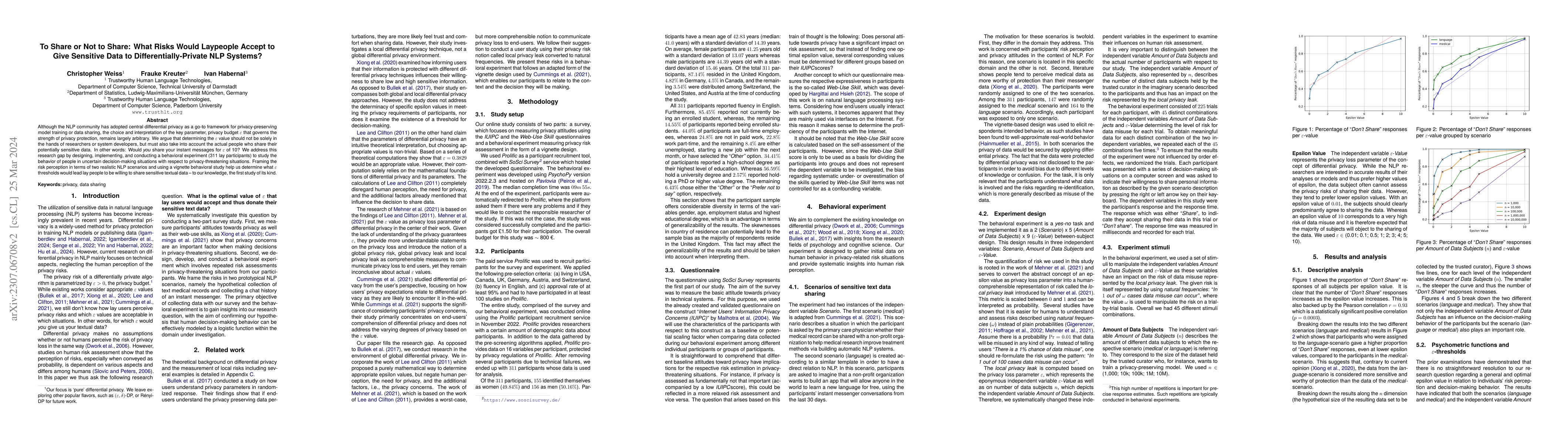 Thumbnail for To share or not to share: What risks would laypeople accept to give
  sensitive data to differentially-private NLP systems?