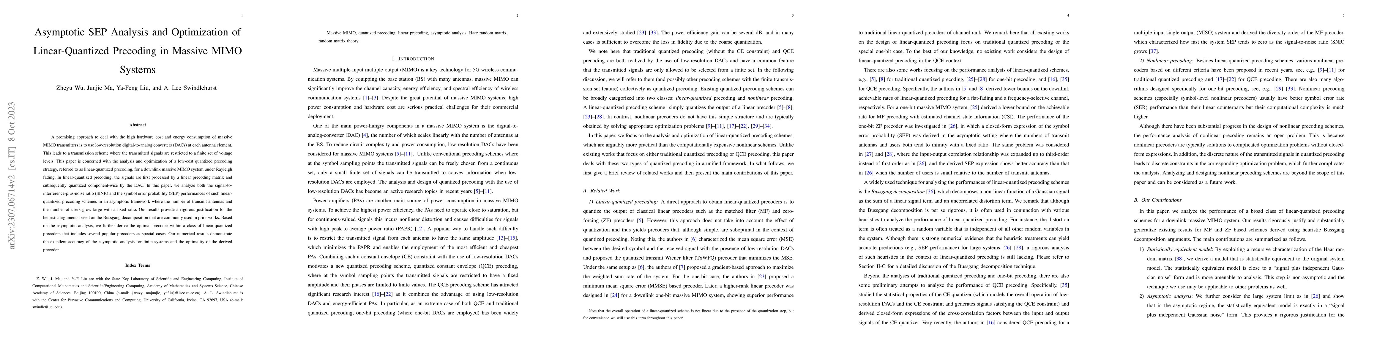 Thumbnail for Asymptotic SEP Analysis and Optimization of Linear-Quantized Precoding
  in Massive MIMO Systems