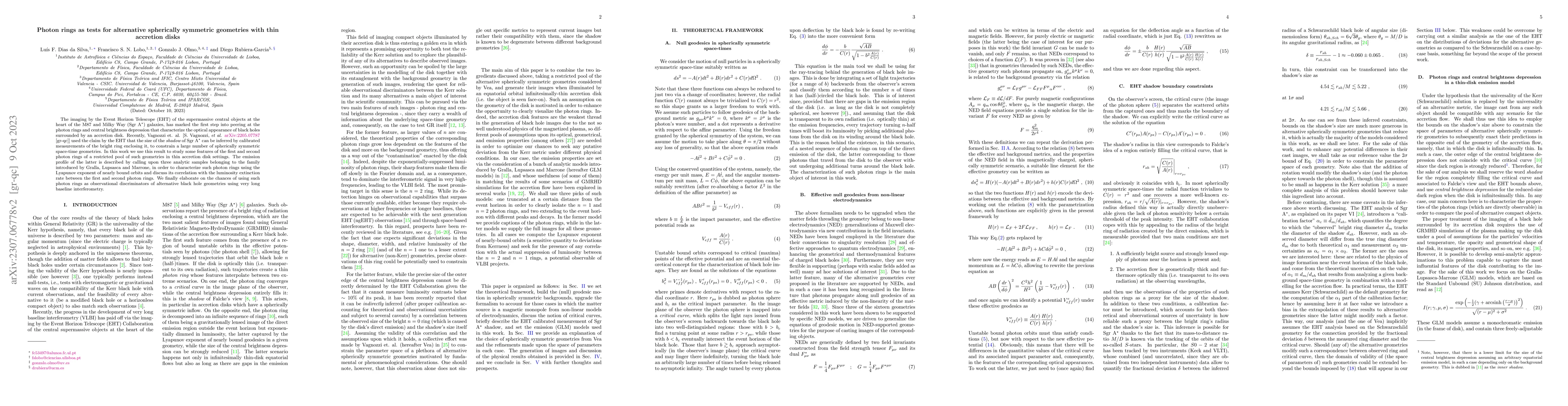 Thumbnail for Photon rings as tests for alternative spherically symmetric geometries
  with thin accretion disks