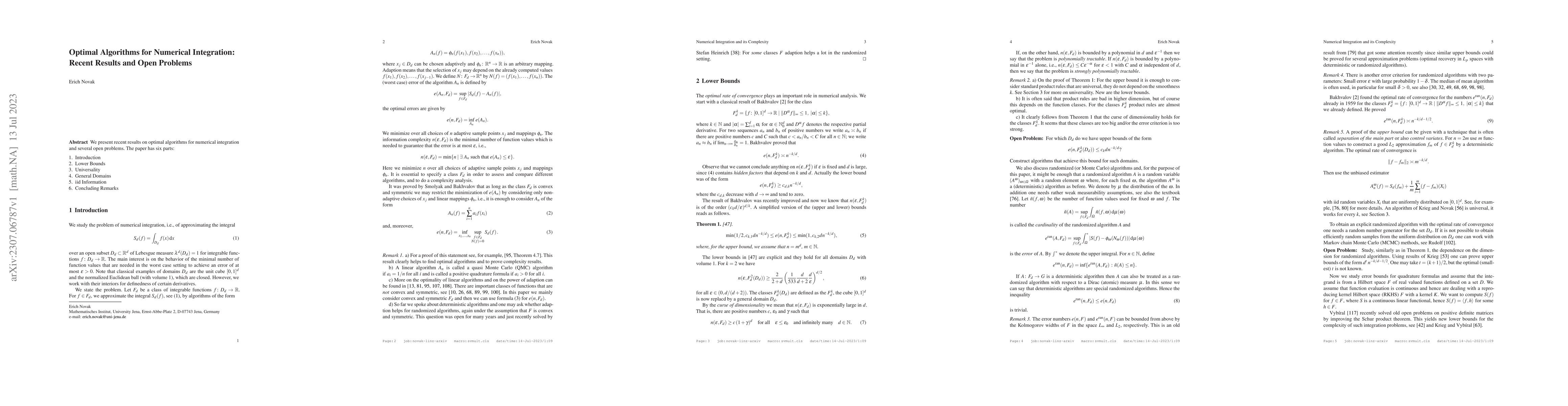 Thumbnail for Optimal Algorithms for Numerical Integration: Recent Results and Open
  Problems
