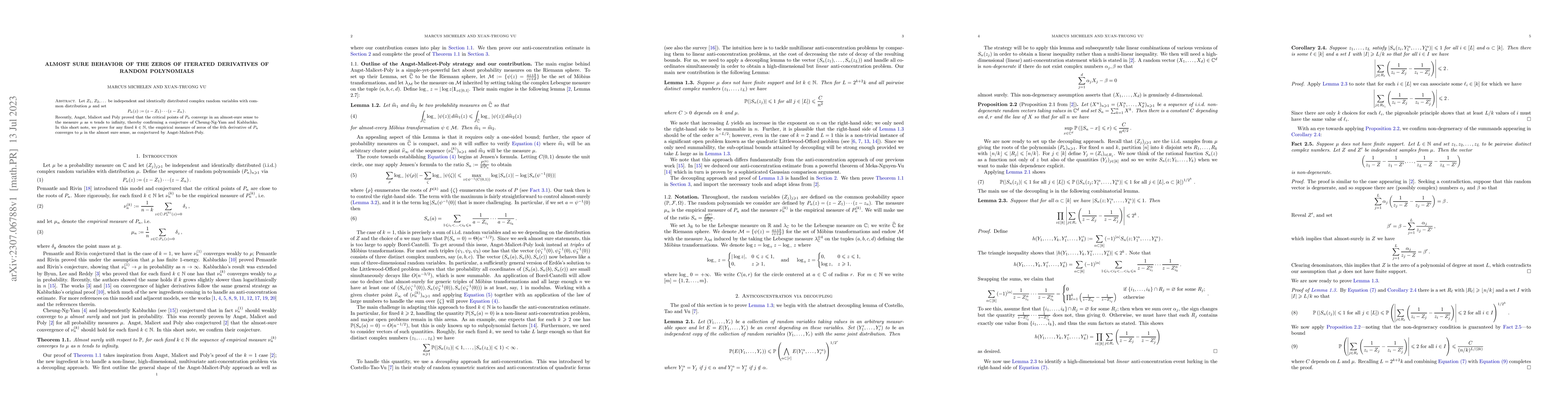 Thumbnail for Almost sure behavior of the zeros of iterated derivatives of random
  polynomials