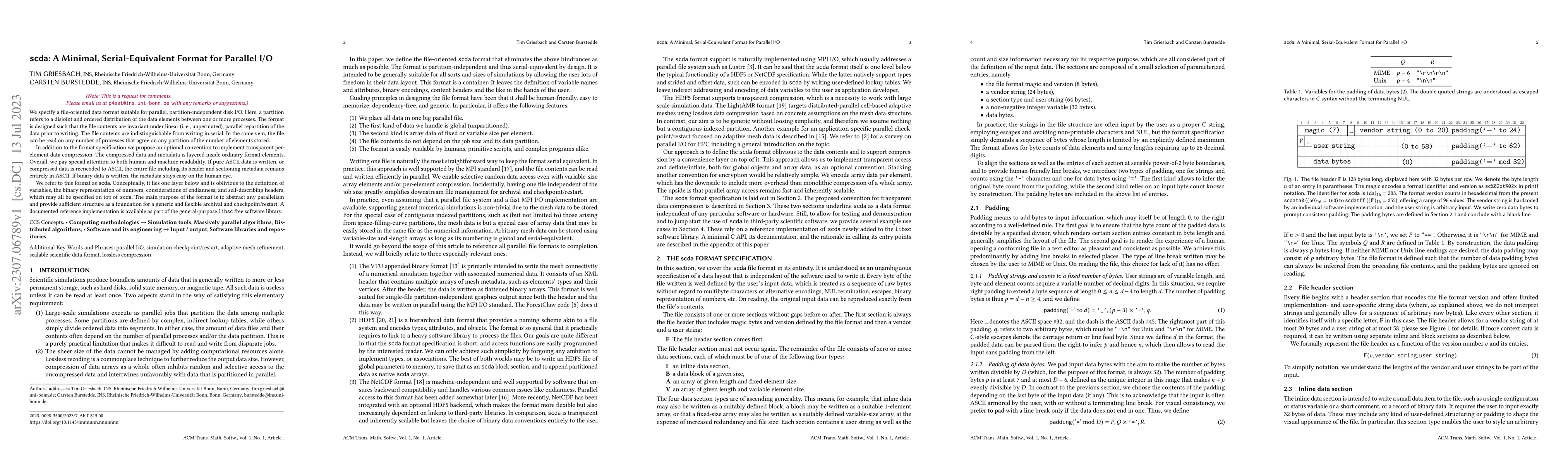Thumbnail for scda: A Minimal, Serial-Equivalent Format for Parallel I/O