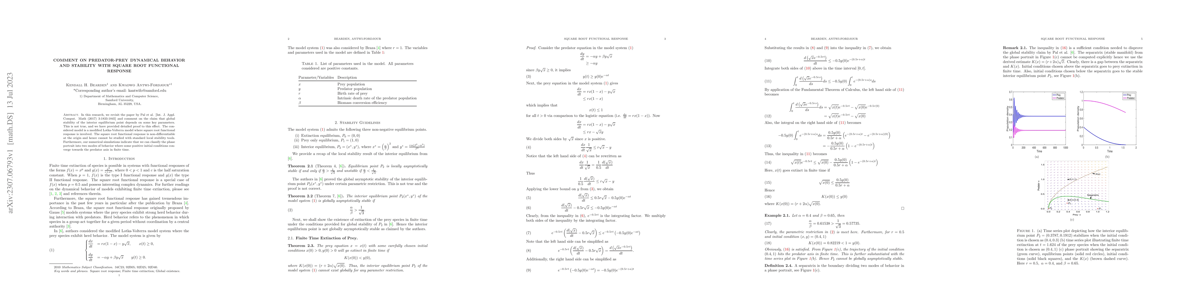 Thumbnail for Comment on predator-prey dynamical behavior and stability with square
  root functional response