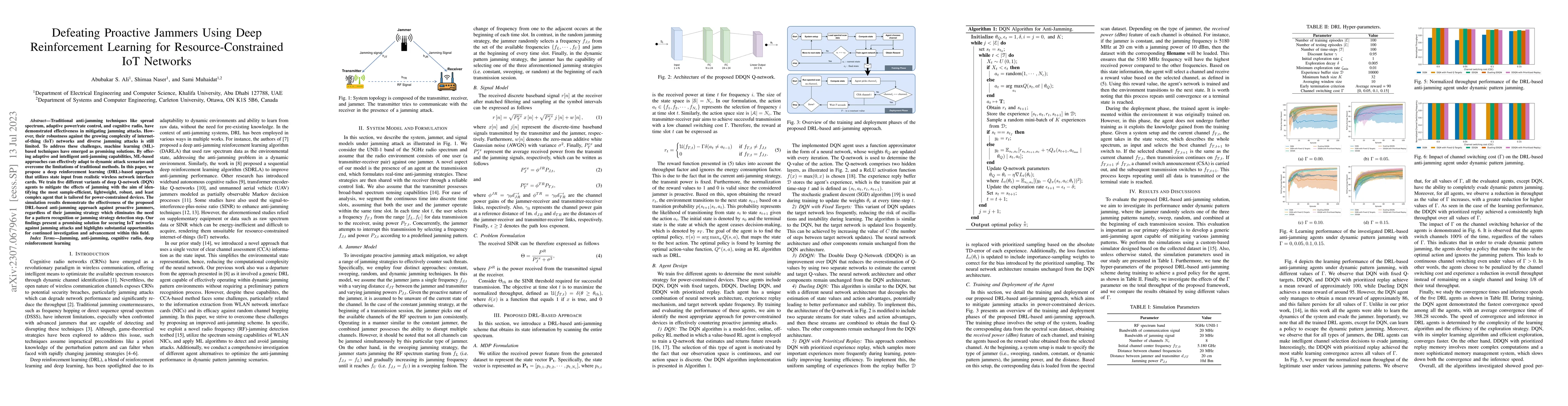 Thumbnail for Defeating Proactive Jammers Using Deep Reinforcement Learning for
  Resource-Constrained IoT Networks