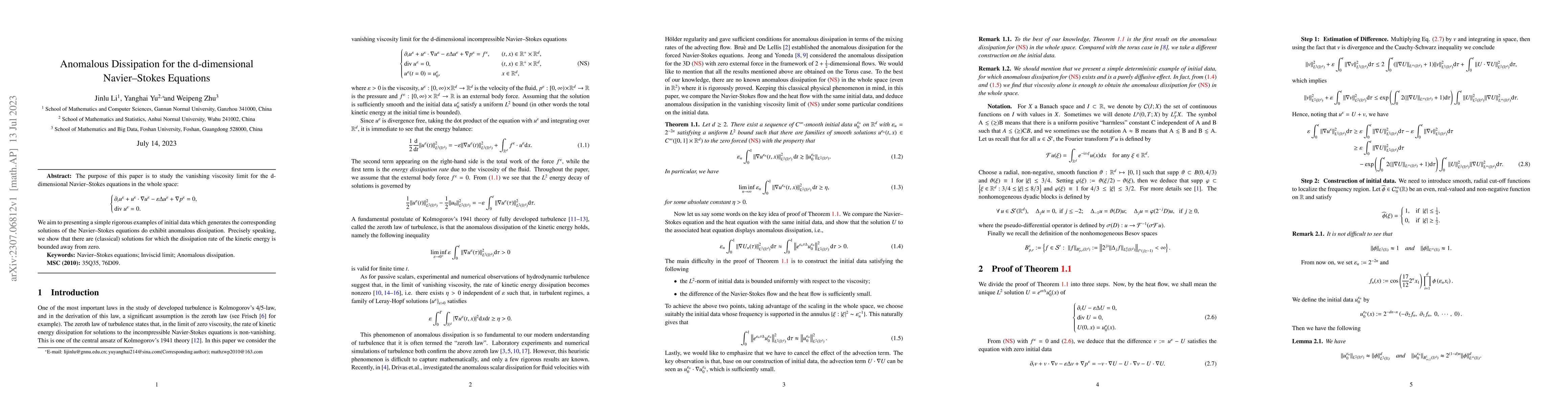Thumbnail for Anomalous Dissipation for the d-dimensional Navier-Stokes Equations