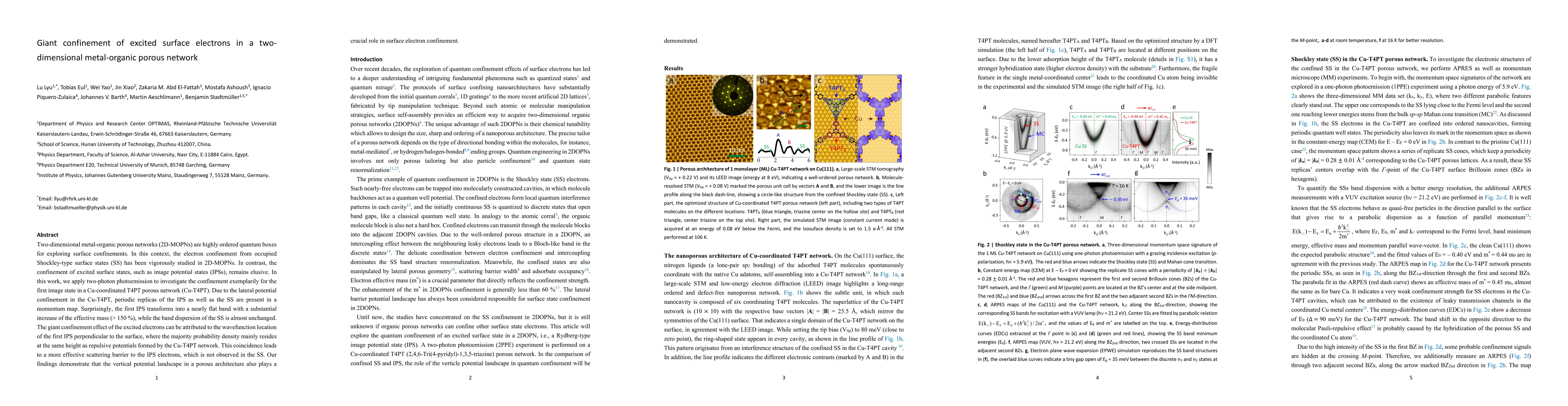 Thumbnail for Giant confinement of excited surface electrons in a two-dimensional
  metal-organic porous network
