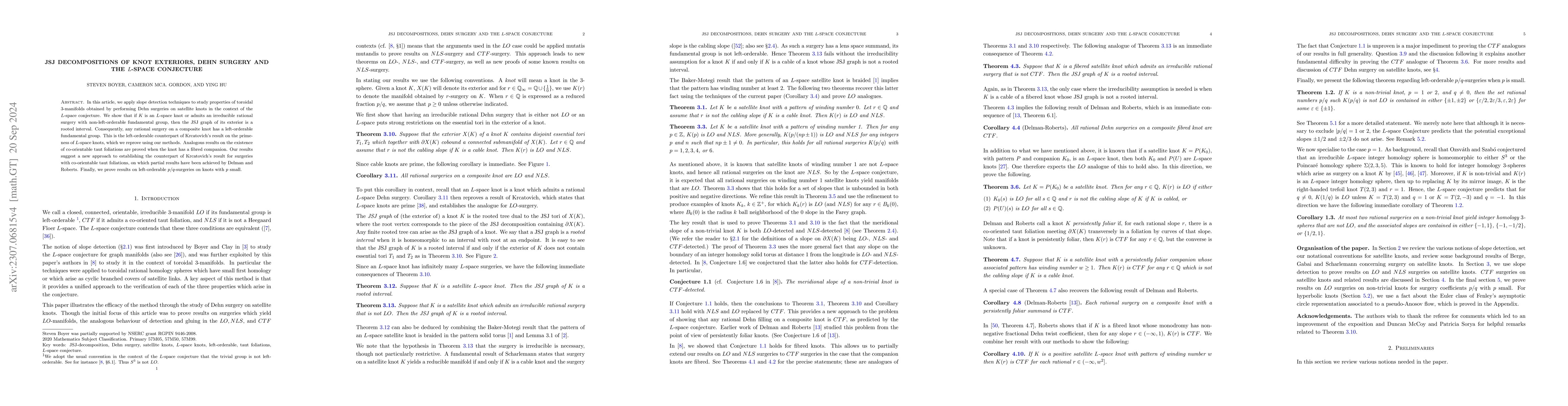 Thumbnail for JSJ decompositions of knot exteriors, Dehn surgery and the $L$-space
  conjecture