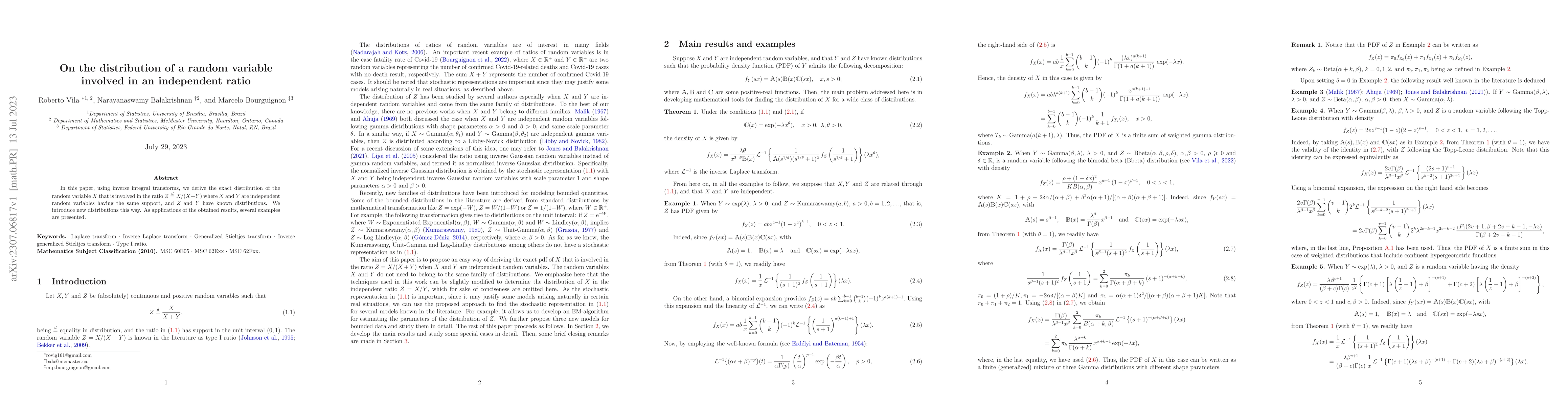 Thumbnail for On the distribution of a random variable involved in an independent
  ratio
