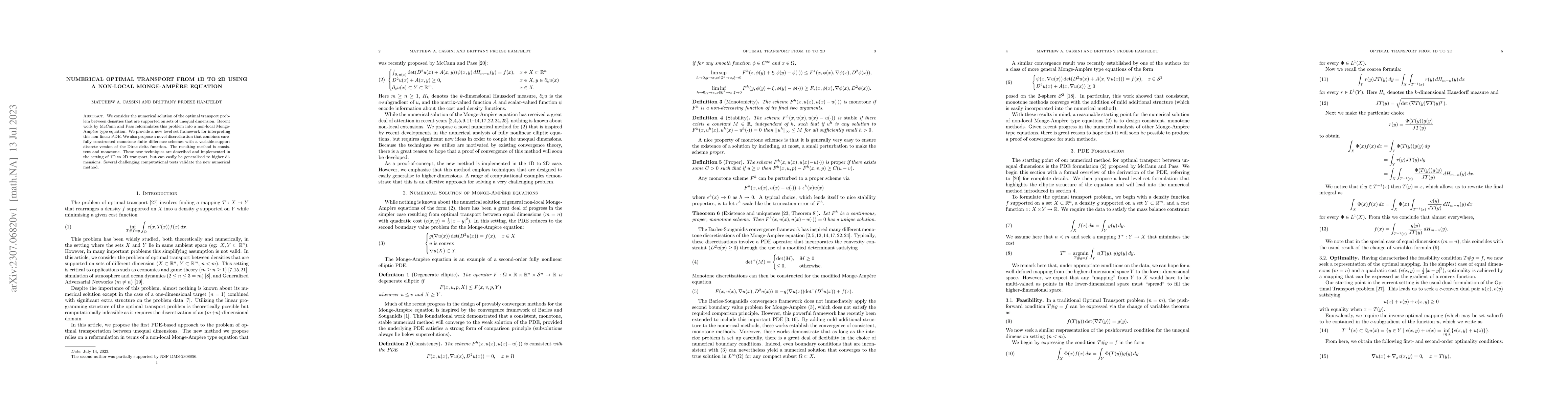 Thumbnail for Numerical Optimal Transport from 1D to 2D using a Non-local
  Monge-Amp\`ere Equation
