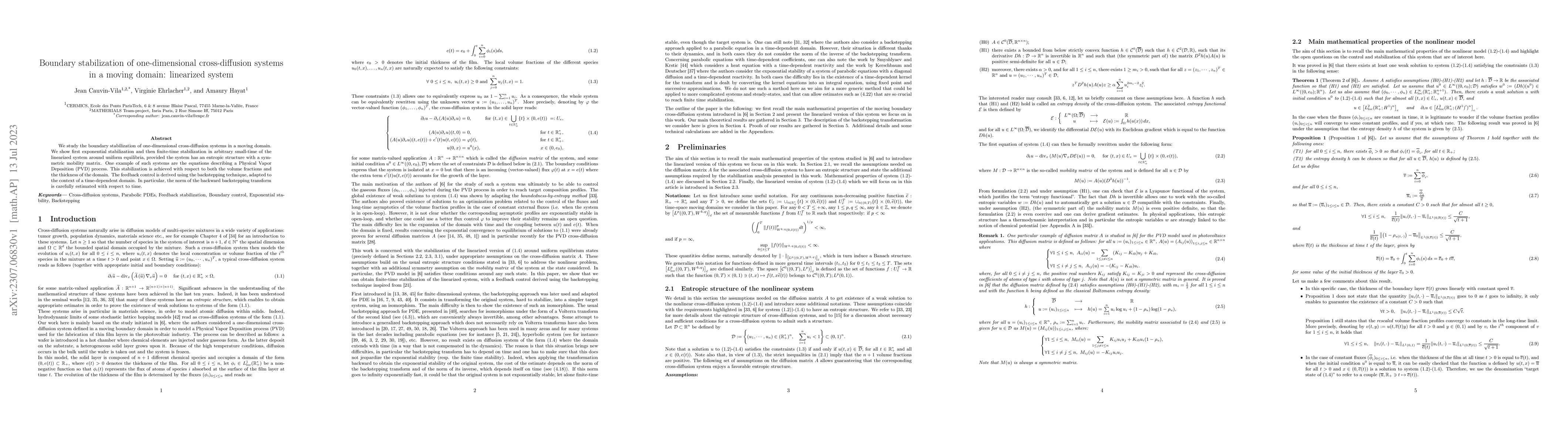 Thumbnail for Boundary stabilization of one-dimensional cross-diffusion systems in a
  moving domain: linearized system