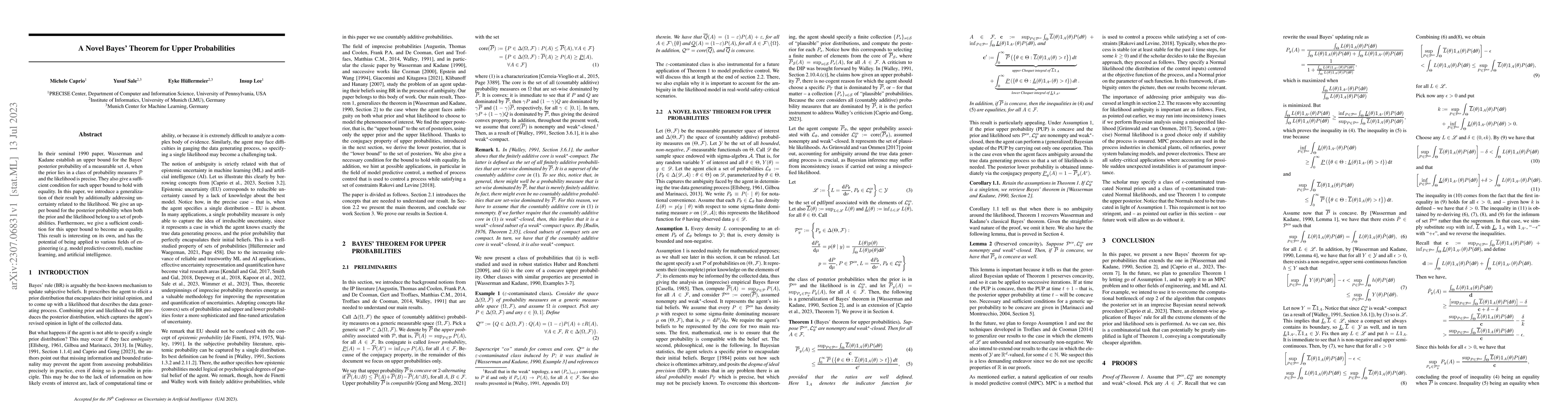 Thumbnail for A Novel Bayes' Theorem for Upper Probabilities