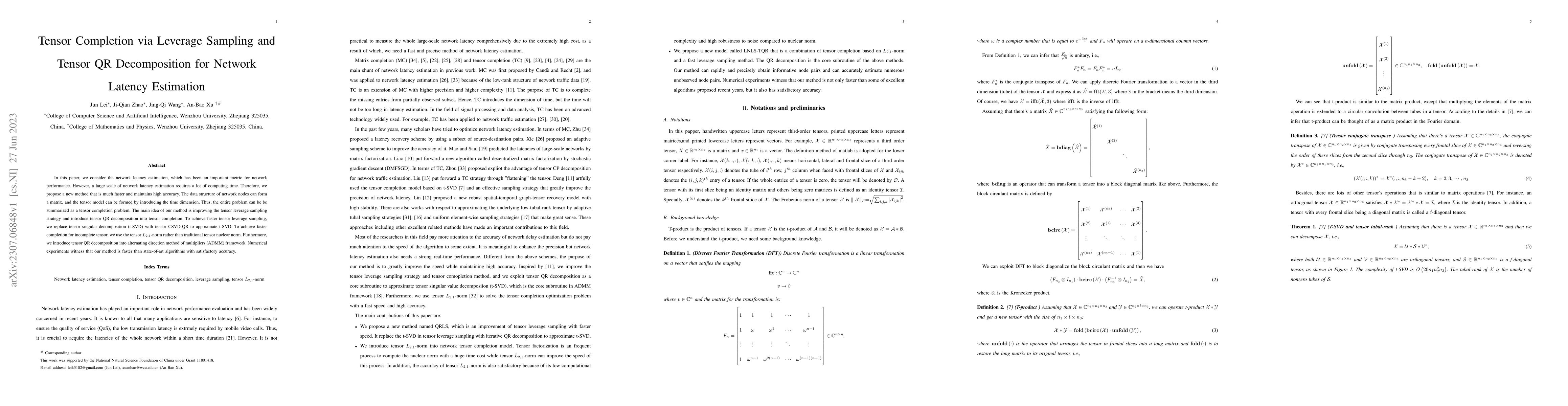 Thumbnail for Tensor Completion via Leverage Sampling and Tensor QR Decomposition for
  Network Latency Estimation