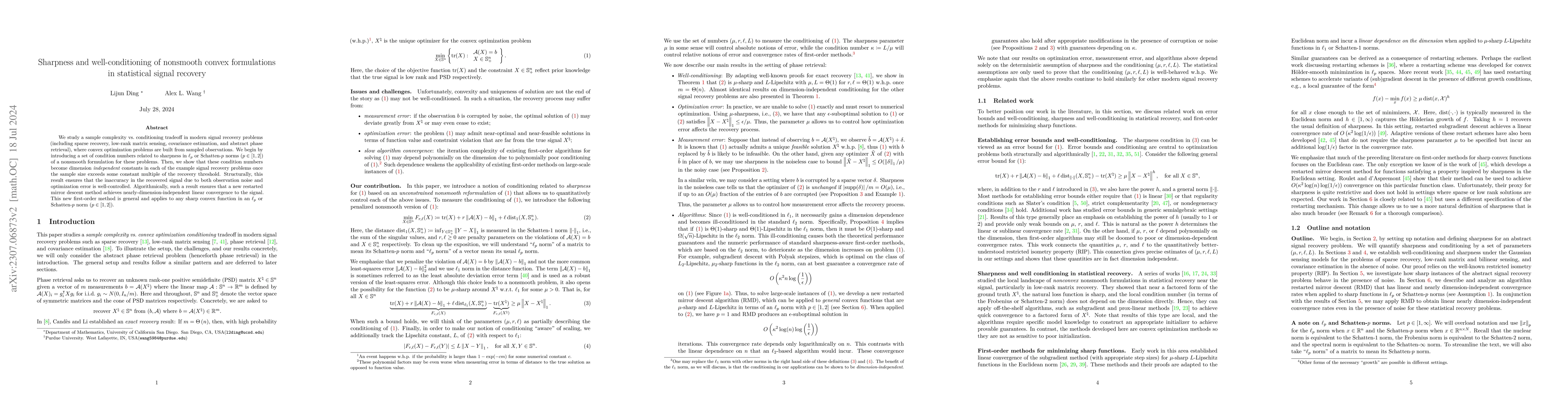 Thumbnail for Sharpness and well-conditioning of nonsmooth convex formulations in
  statistical signal recovery