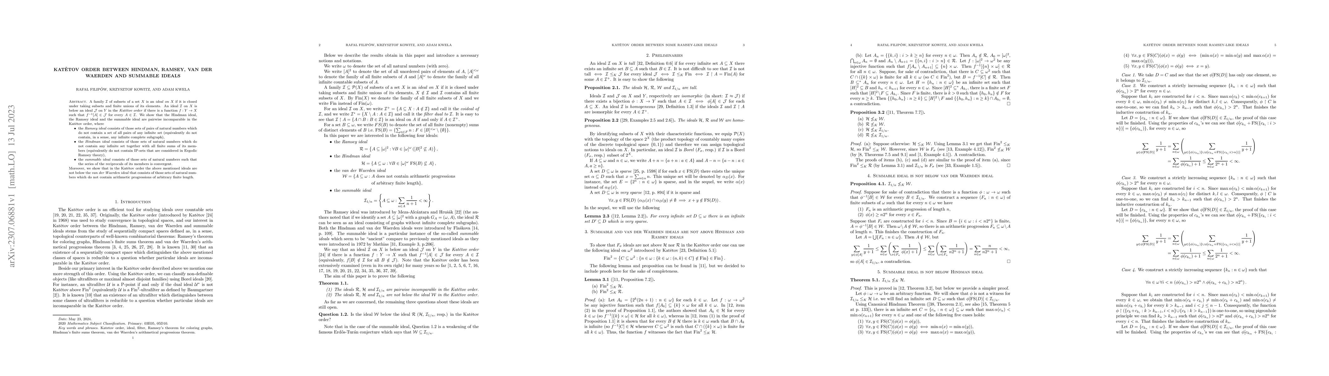 Thumbnail for Kat\v{e}tov order between Hindman, Ramsey, van der Waerden and summable
  ideals