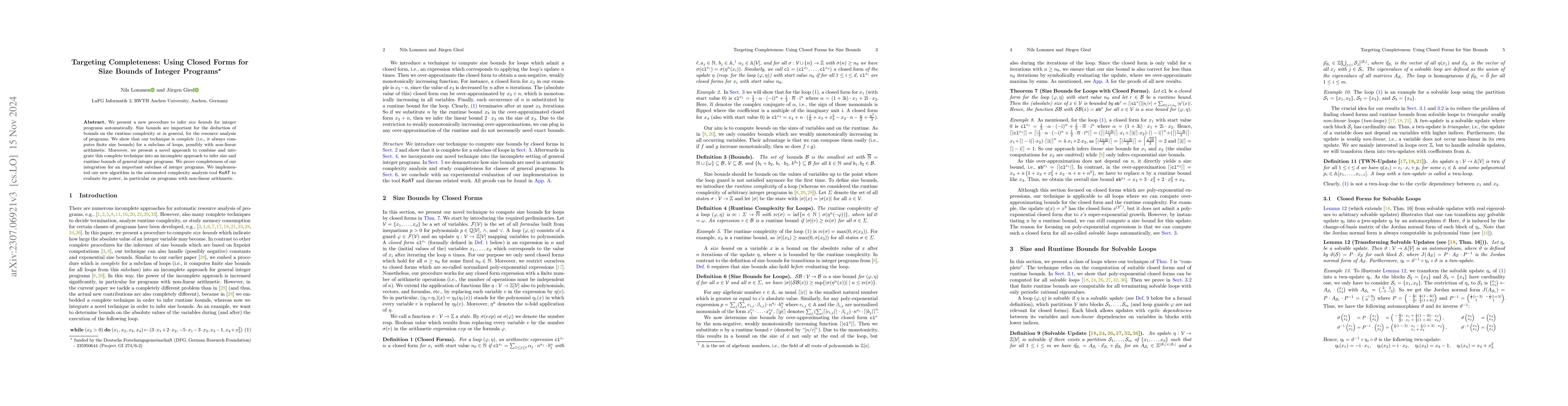 Thumbnail for Targeting Completeness: Using Closed Forms for Size Bounds of Integer
  Programs