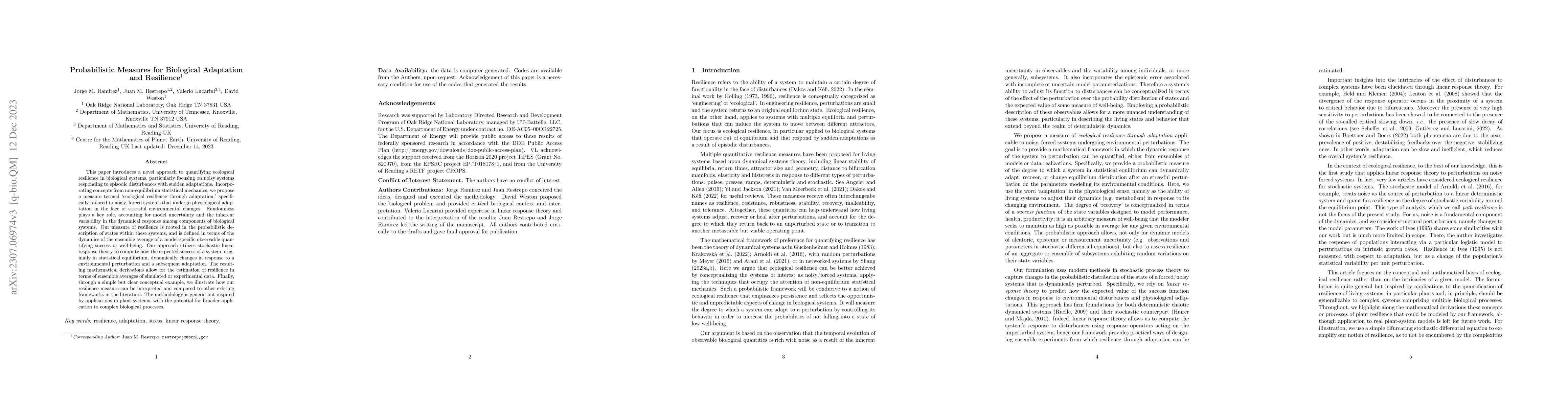 Thumbnail for Probabilistic Measures for Biological Adaptation and Resilience