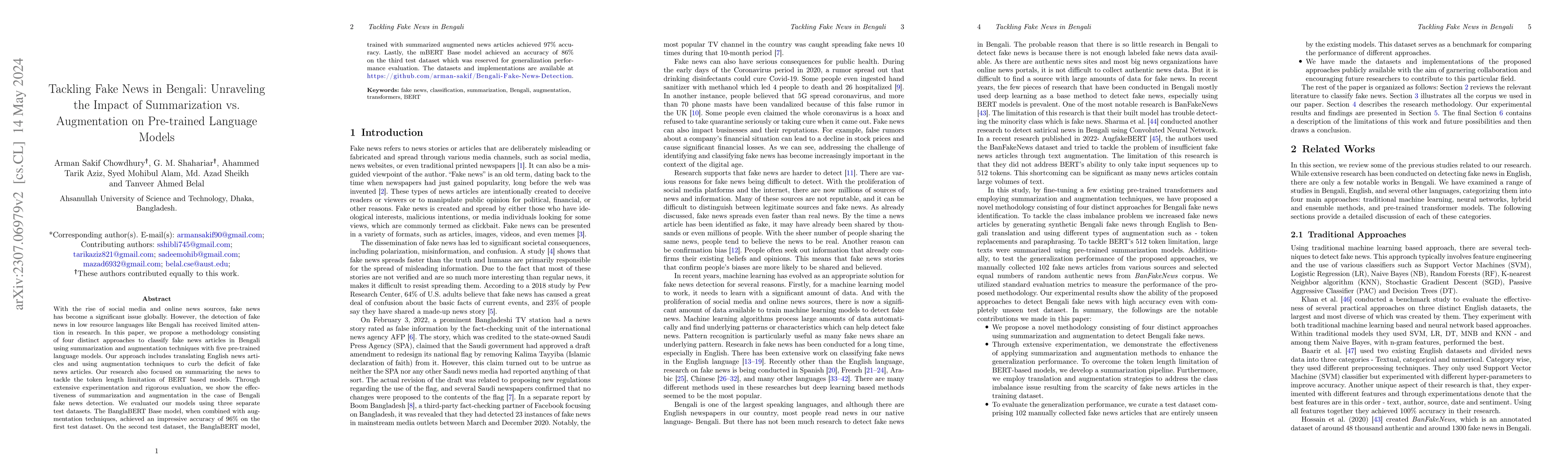 Thumbnail for Tackling Fake News in Bengali: Unraveling the Impact of Summarization
  vs. Augmentation on Pre-trained Language Models