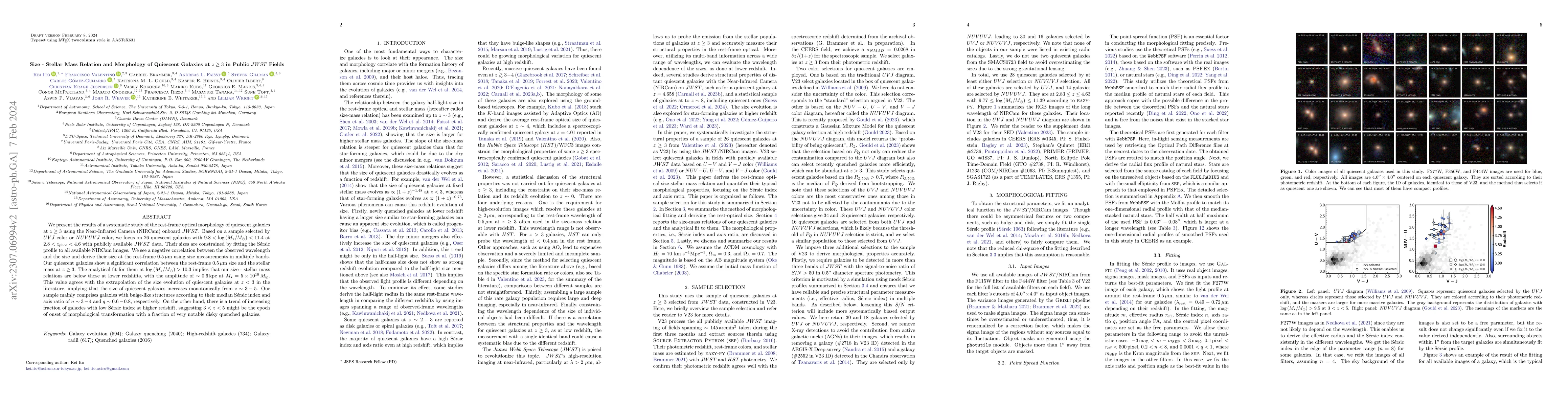 Thumbnail for Size - Stellar Mass Relation and Morphology of Quiescent Galaxies at
  $z\geq3$ in Public $JWST$ Fields