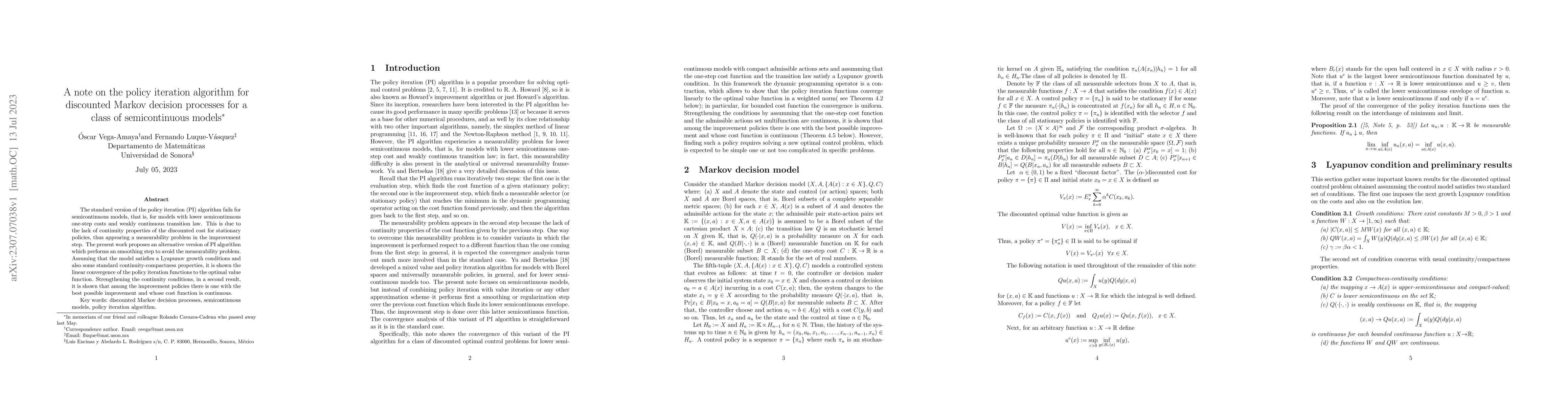 Thumbnail for A note on the policy iteration algorithm for discounted Markov decision
  processes for a class of semicontinuous models