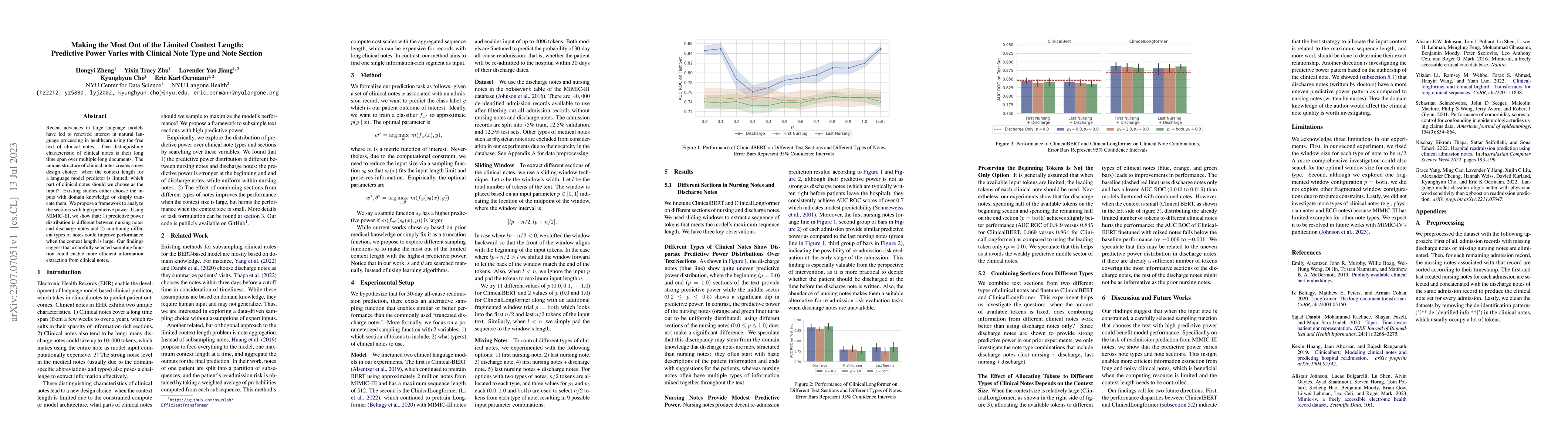 Thumbnail for Making the Most Out of the Limited Context Length: Predictive Power
  Varies with Clinical Note Type and Note Section