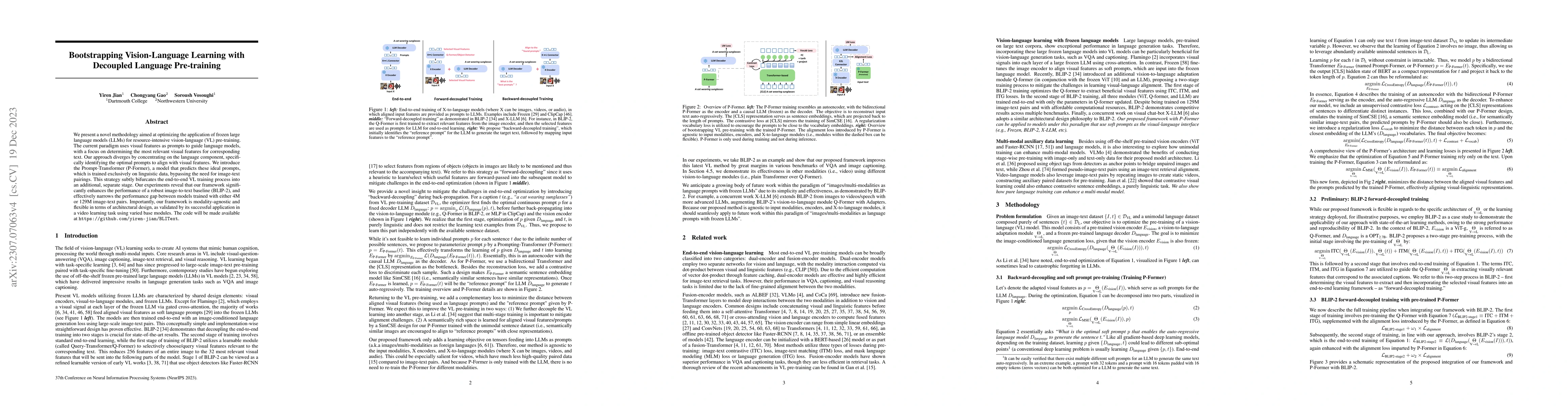 Thumbnail for Bootstrapping Vision-Language Learning with Decoupled Language
  Pre-training