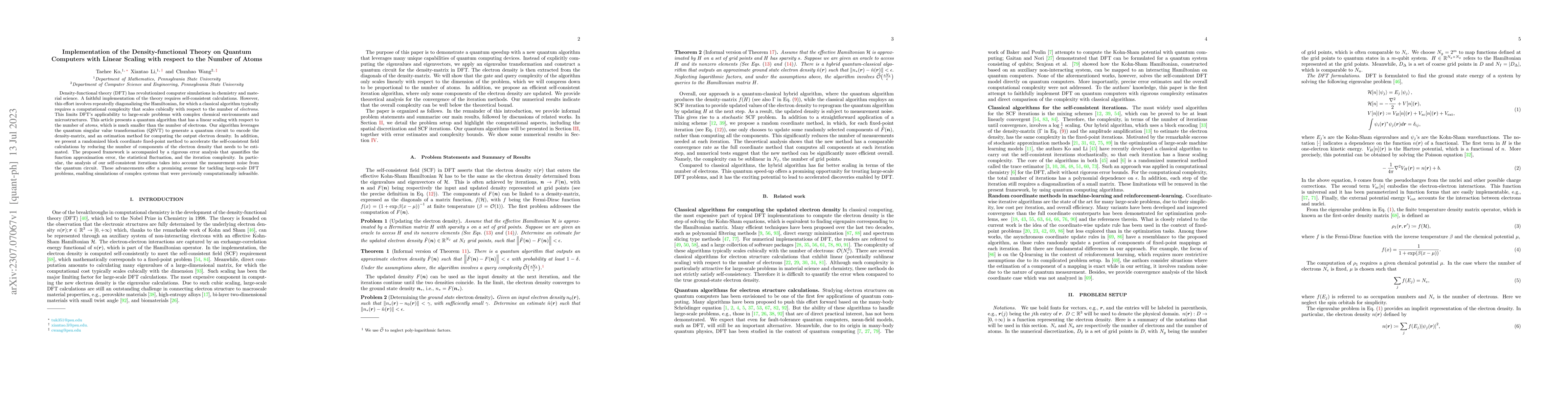 Thumbnail for Implementation of the Density-functional Theory on Quantum Computers
  with Linear Scaling with respect to the Number of Atoms
