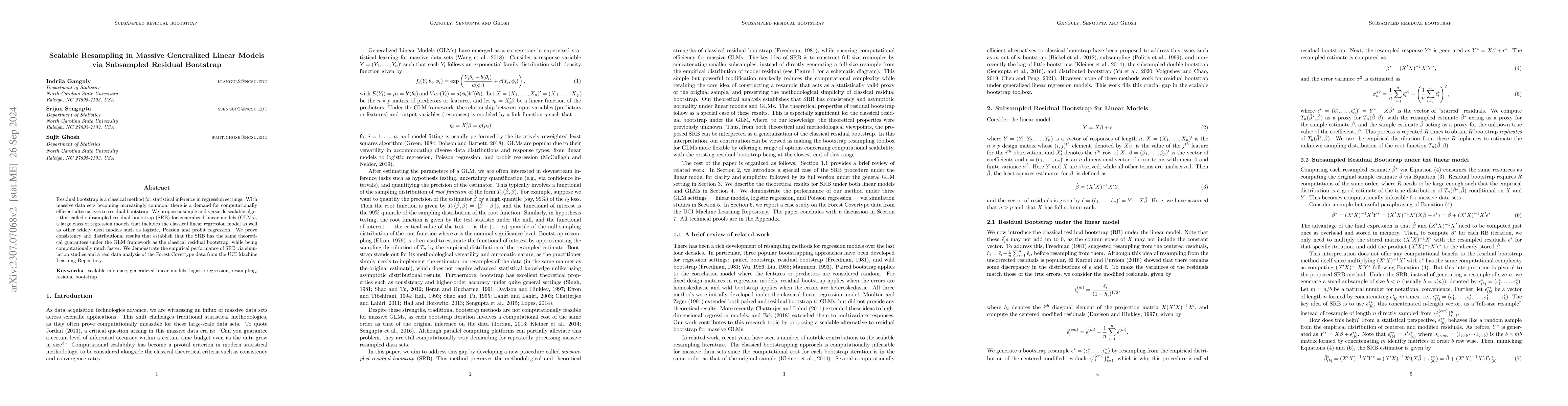 Thumbnail for Scalable Resampling in Massive Generalized Linear Models via Subsampled
  Residual Bootstrap