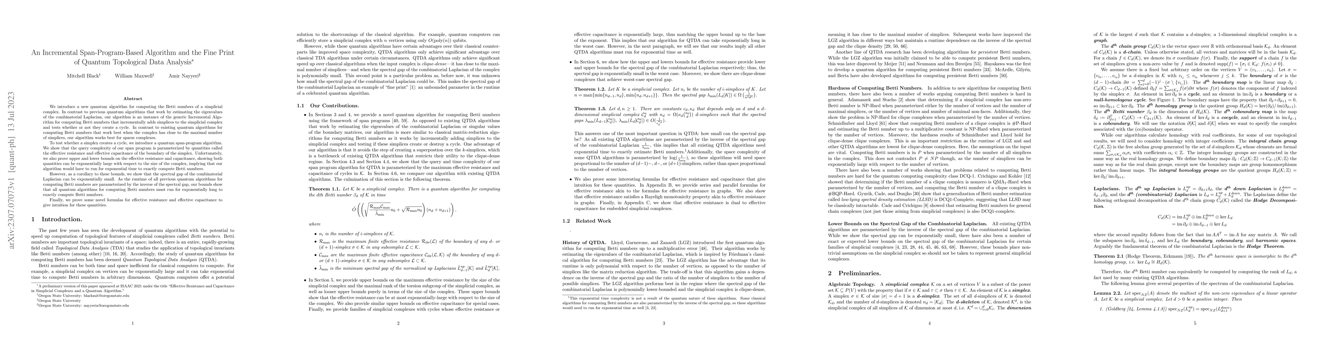 Thumbnail for An Incremental Span-Program-Based Algorithm and the Fine Print of
  Quantum Topological Data Analysis