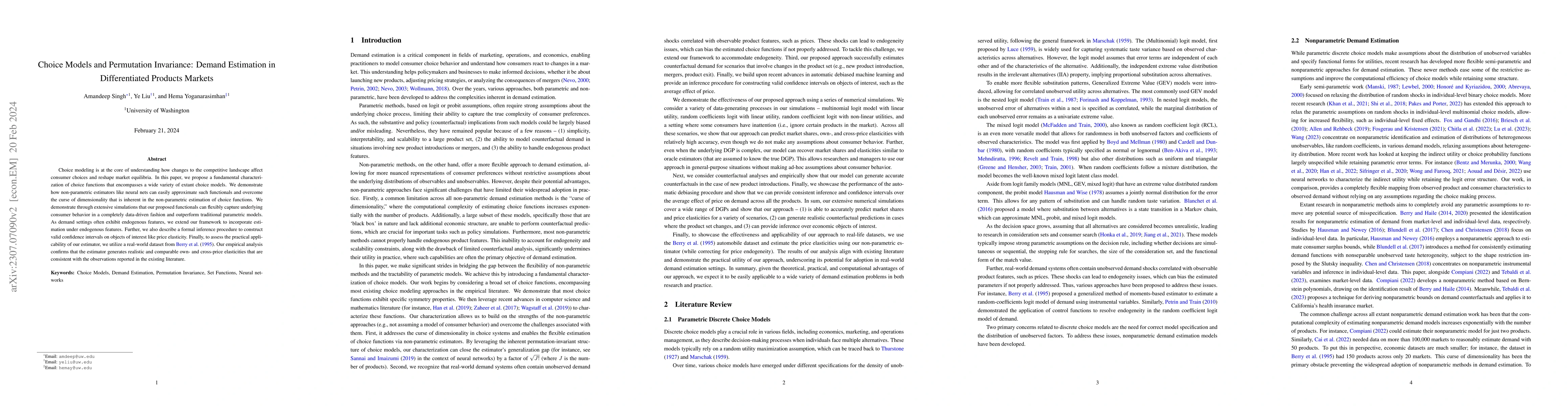 Thumbnail for Choice Models and Permutation Invariance: Demand Estimation in
  Differentiated Products Markets