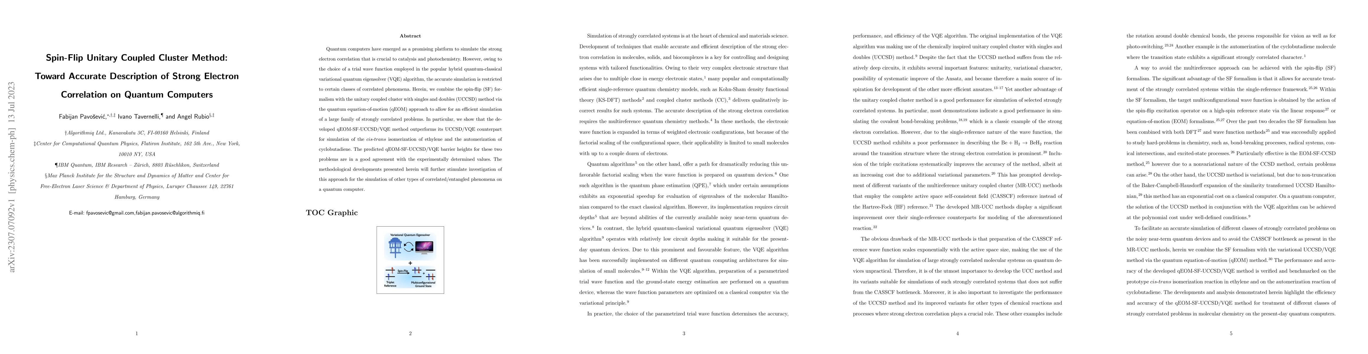 Thumbnail for Spin-Flip Unitary Coupled Cluster Method: Toward Accurate Description of
  Strong Electron Correlation on Quantum Computers
