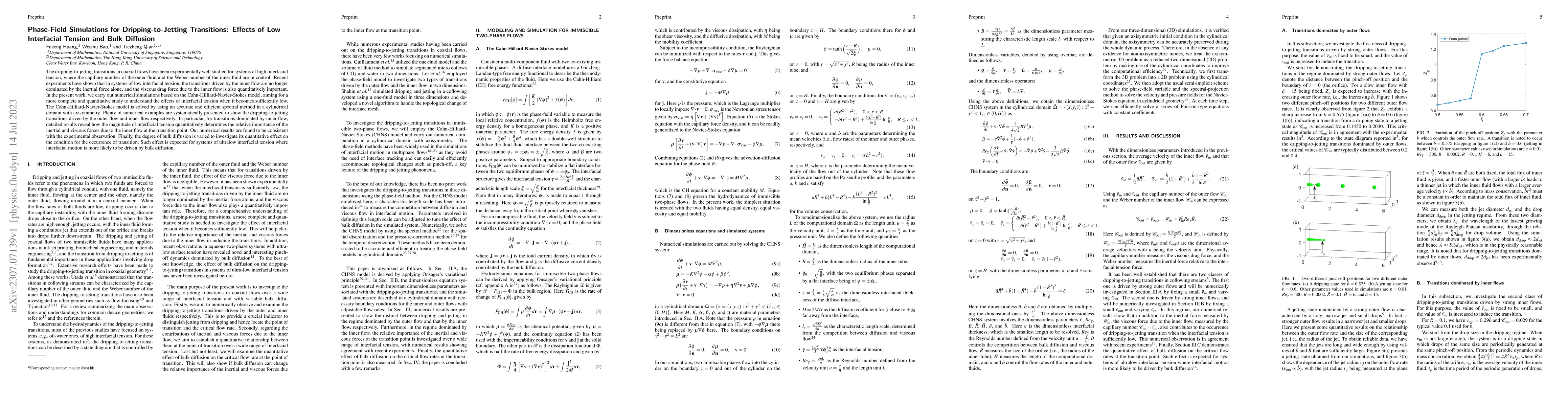 Thumbnail for Phase-field simulations for dripping-to-jetting transitions: Effects of
  low interfacial tension and bulk diffusion