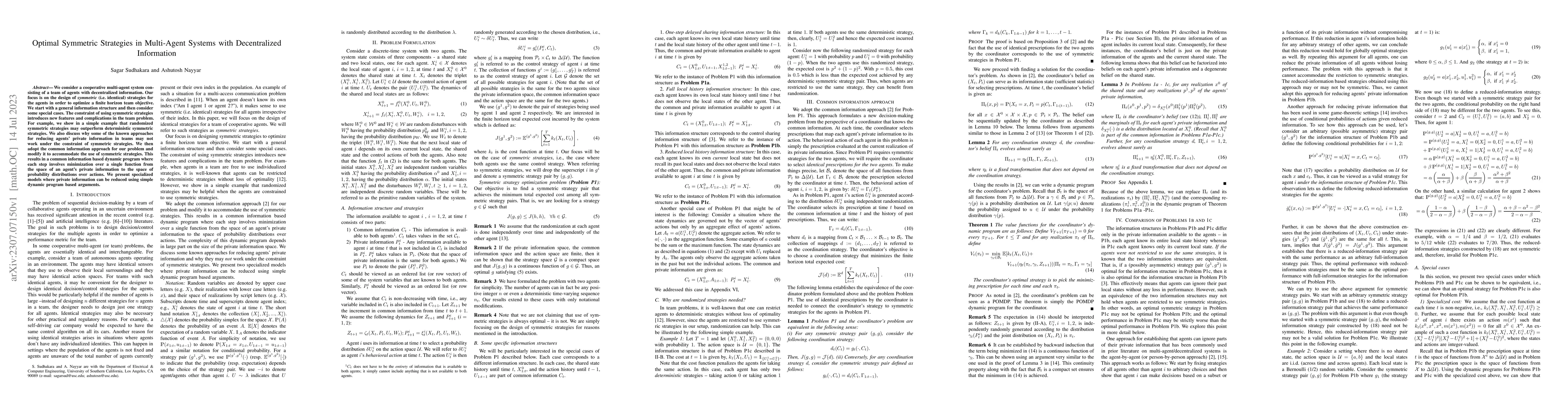 Thumbnail for Optimal Symmetric Strategies in Multi-Agent Systems with Decentralized
  Information