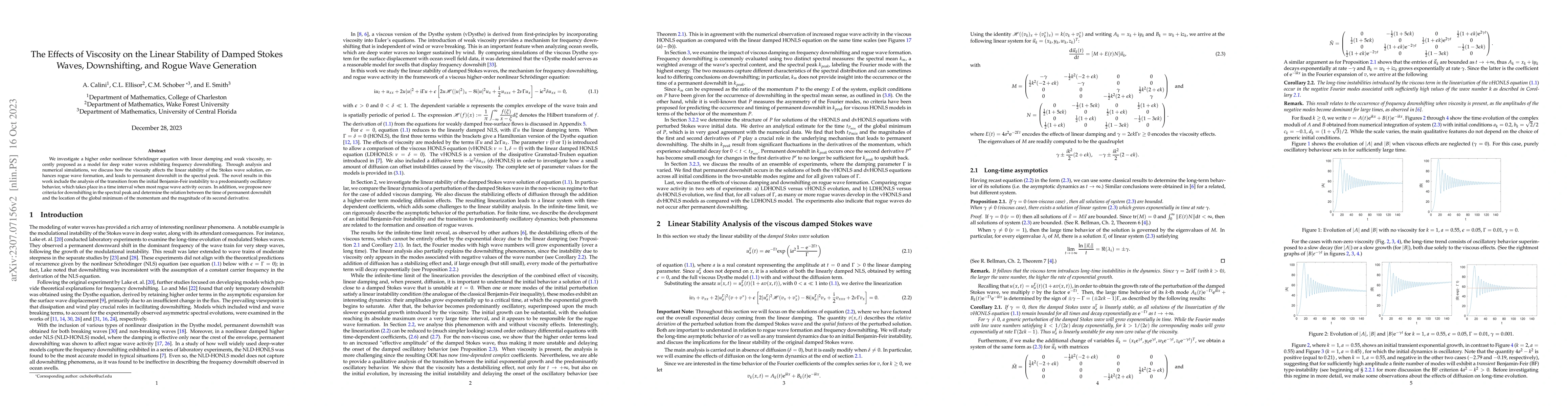 Thumbnail for The Effects of Viscosity on the Linear Stability of Damped Stokes Waves,
  Downshifting, and Rogue Wave Generation