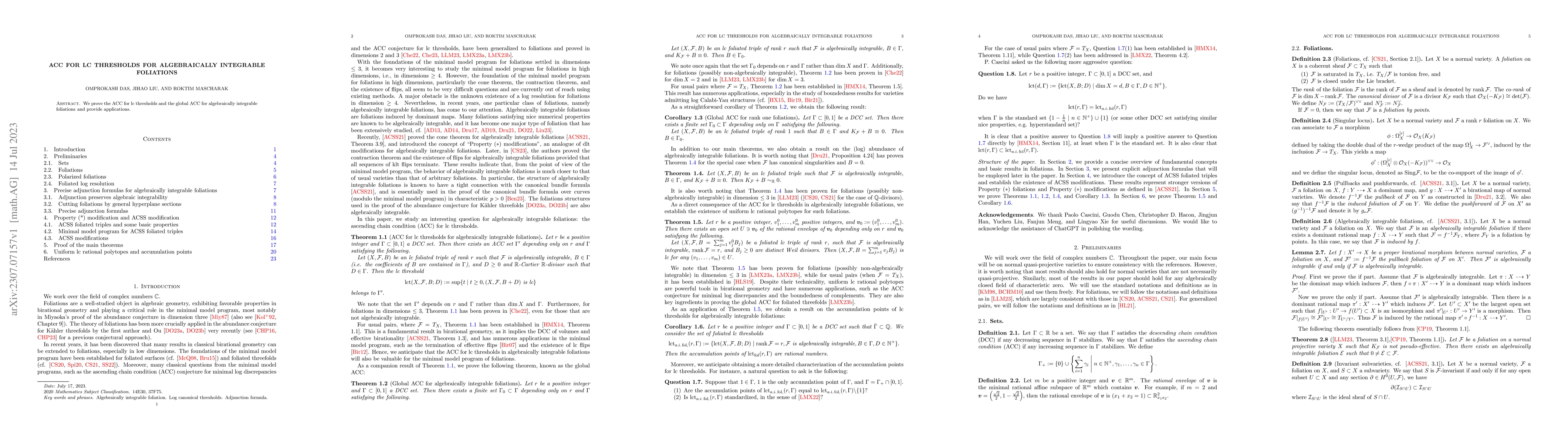 Thumbnail for ACC for lc thresholds for algebraically integrable foliations