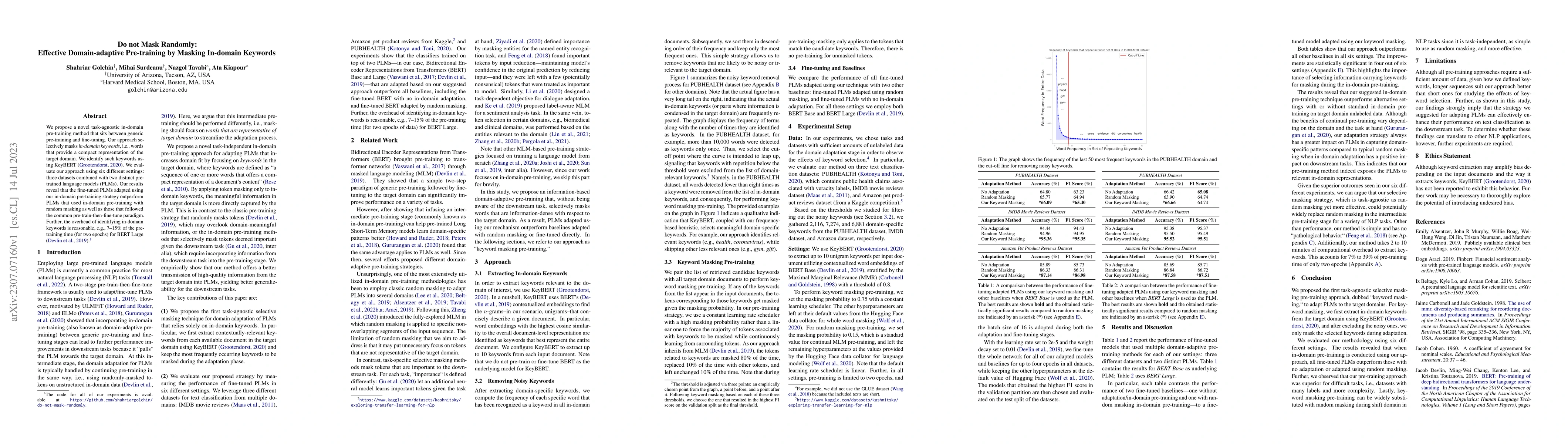 Thumbnail for Do not Mask Randomly: Effective Domain-adaptive Pre-training by Masking
  In-domain Keywords