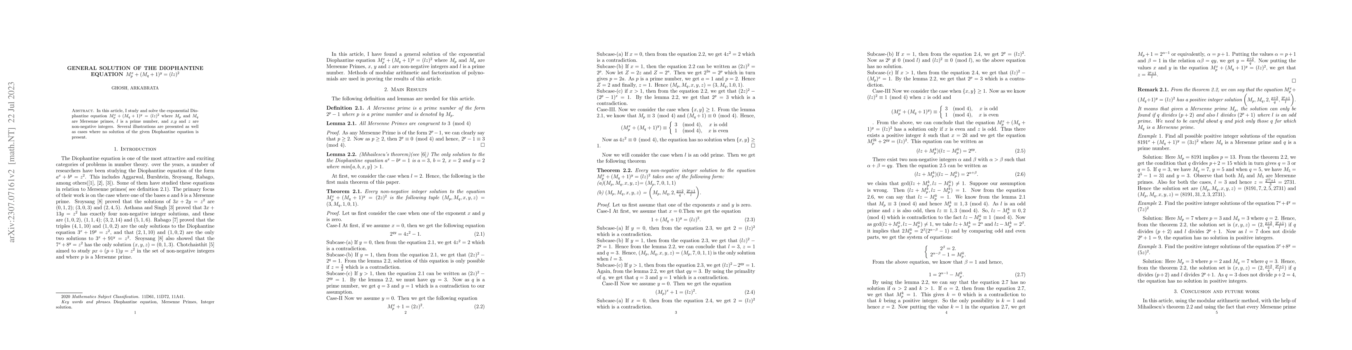Thumbnail for General Solution of the Diophantine equation involving Mersenne Prime