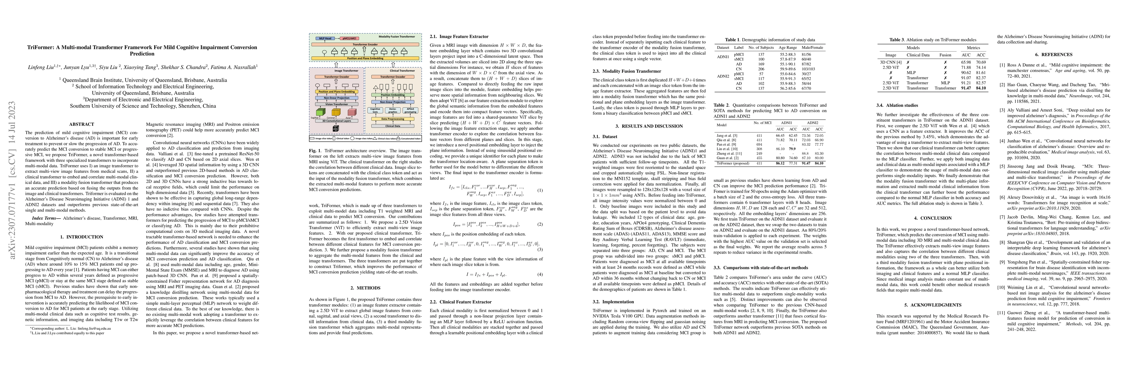 Thumbnail for TriFormer: A Multi-modal Transformer Framework For Mild Cognitive
  Impairment Conversion Prediction