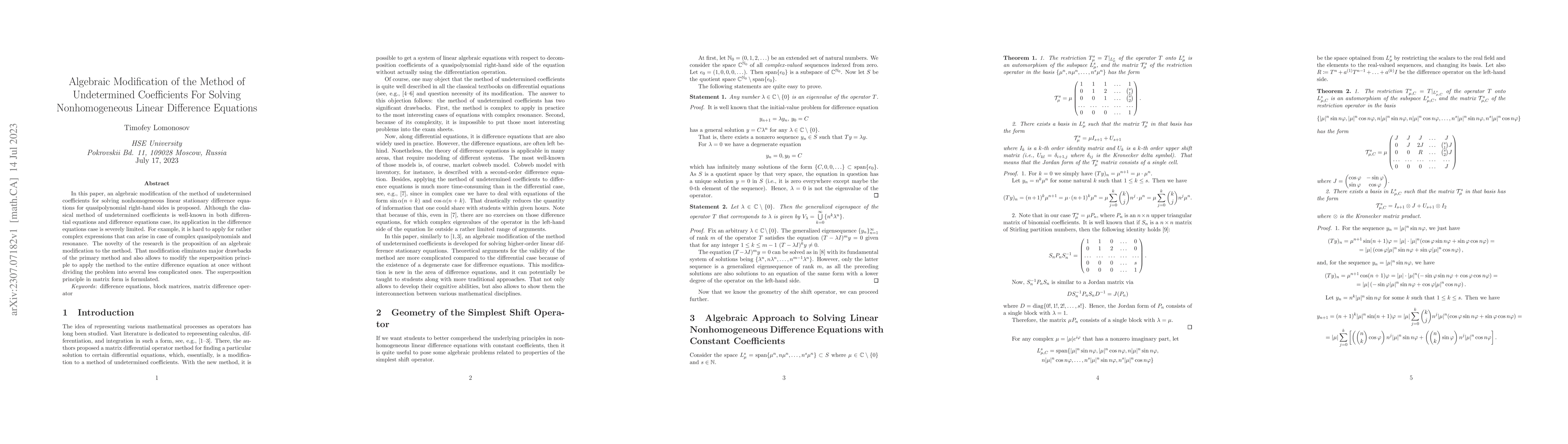 Thumbnail for Algebraic Modification of the Method of Undetermined Coefficients For
  Solving Nonhomogeneous Linear Difference Equations