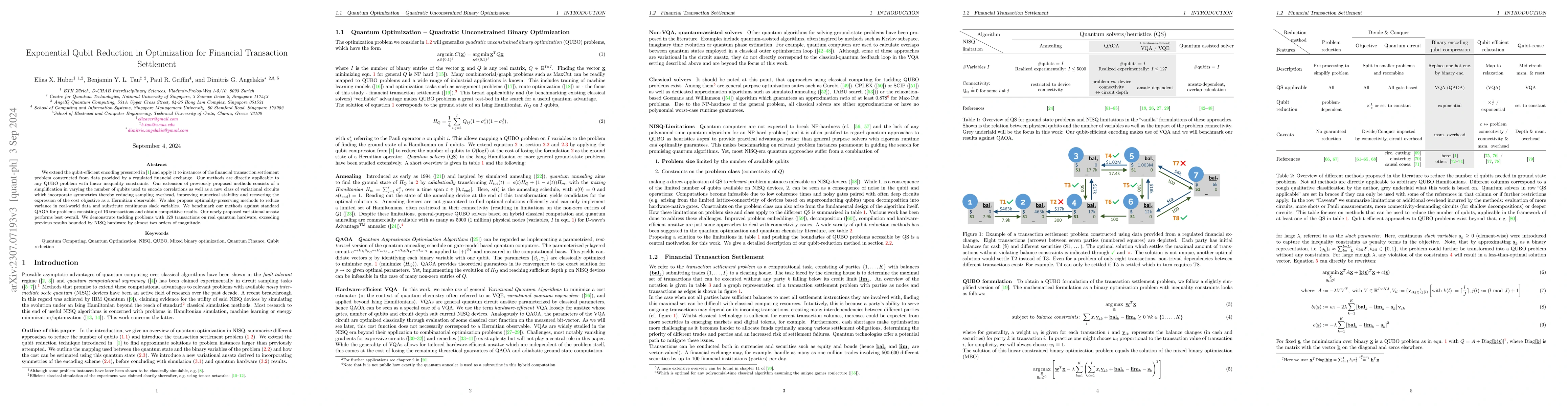 Thumbnail for Exponential Qubit Reduction in Optimization for Financial Transaction
  Settlement