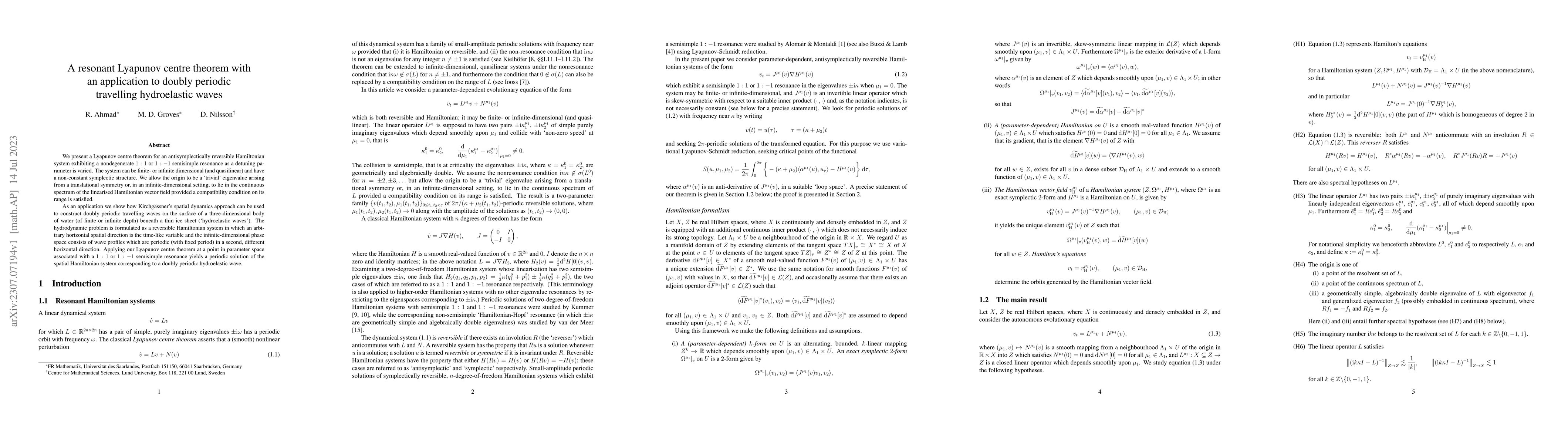 Thumbnail for A resonant Lyapunov centre theorem with an application to doubly
  periodic travelling hydroelastic waves