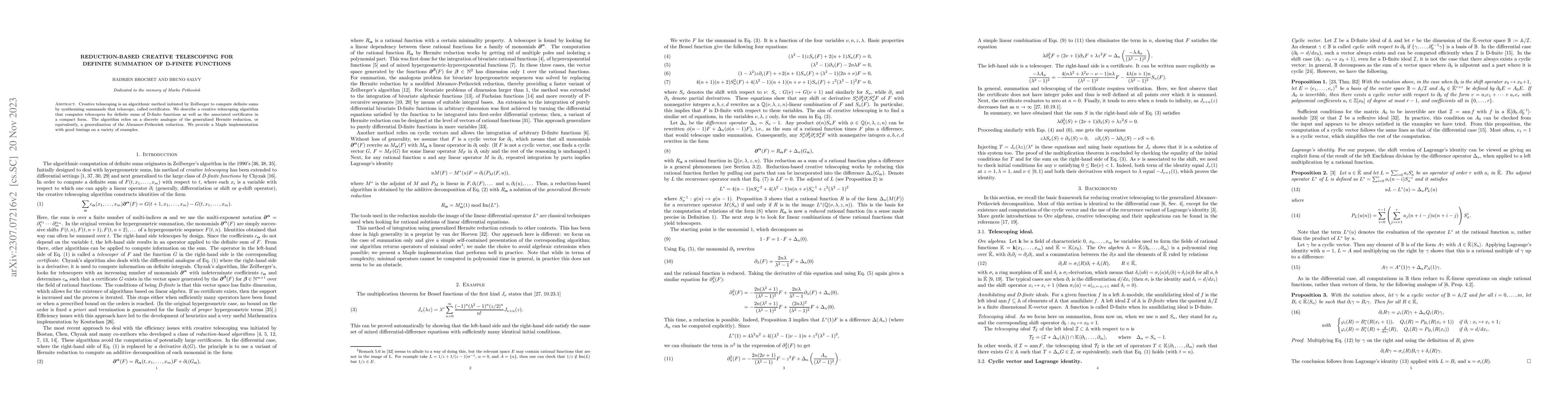 Thumbnail for Reduction-Based Creative Telescoping for Definite Summation of D-finite
  Functions
