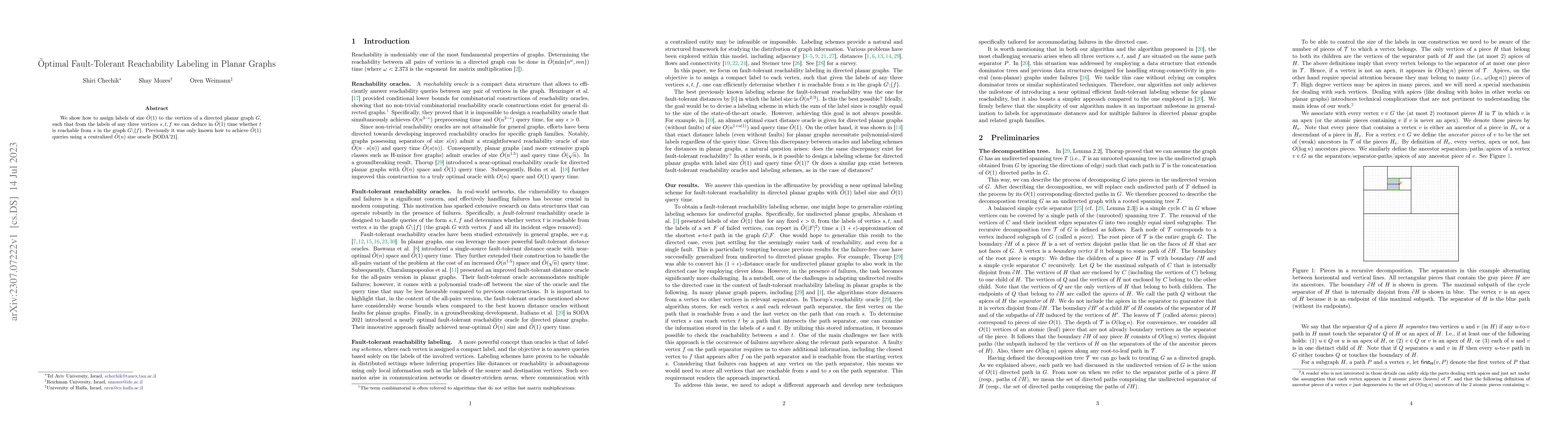 Thumbnail for \~Optimal Fault-Tolerant Reachability Labeling in Planar Graphs