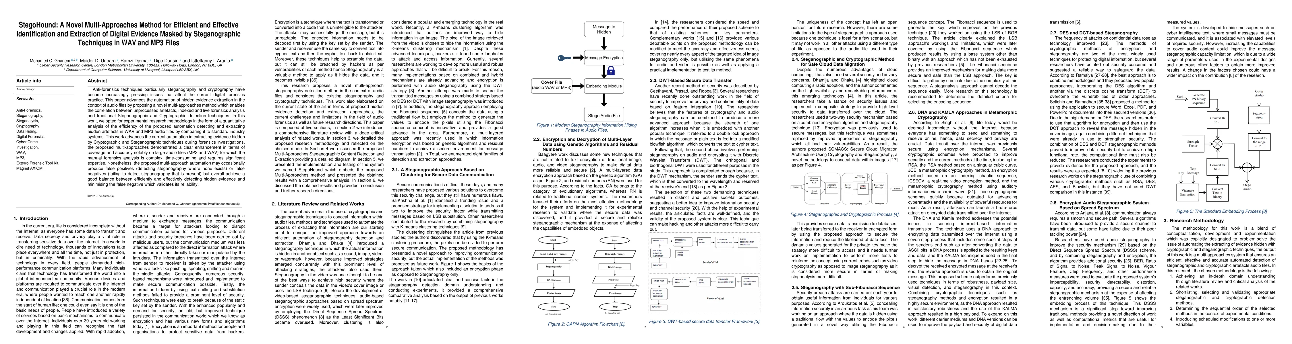 Thumbnail for StegoHound: A Novel Multi-Approaches Method for Efficient and Effective
  Identification and Extraction of Digital Evidence Masked by Steganographic
  Techniques in WAV and MP3 Files