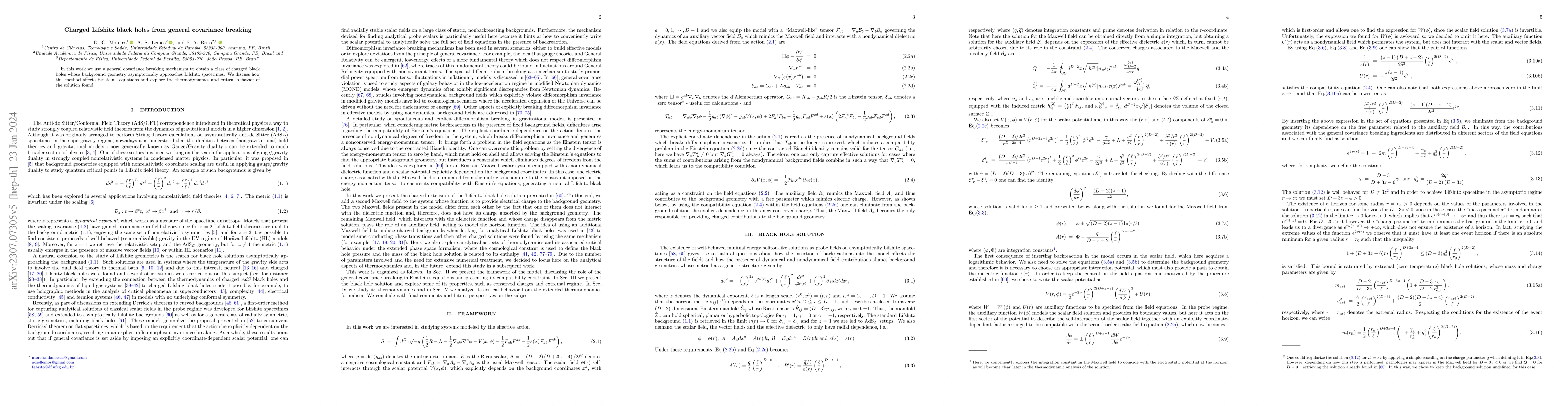 Thumbnail for Charged Lifshitz black holes from general covariance breaking