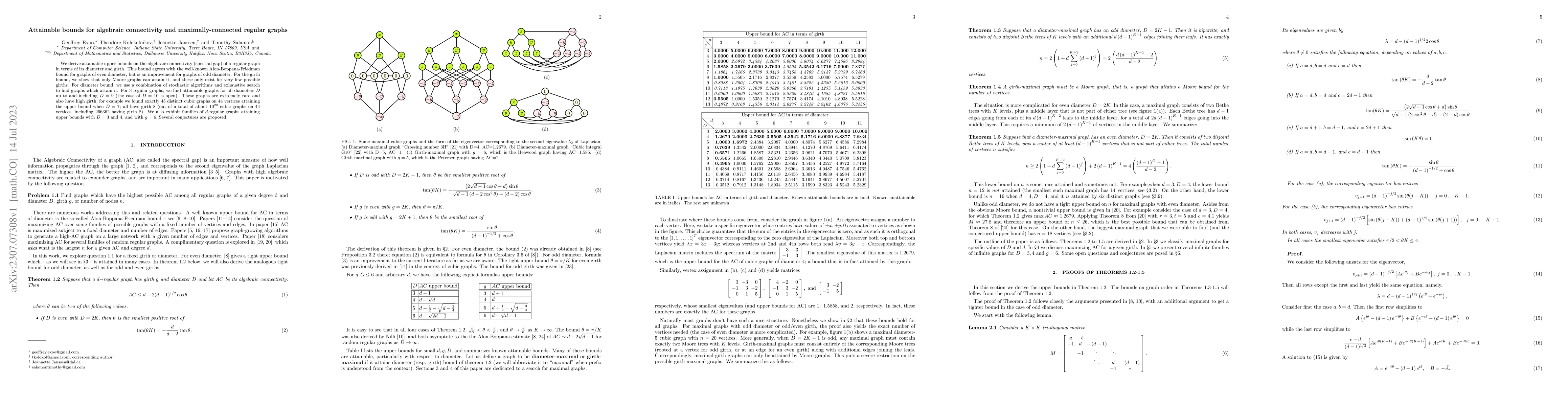 Thumbnail for Attainable bounds for algebraic connectivity and maximally-connected
  regular graphs