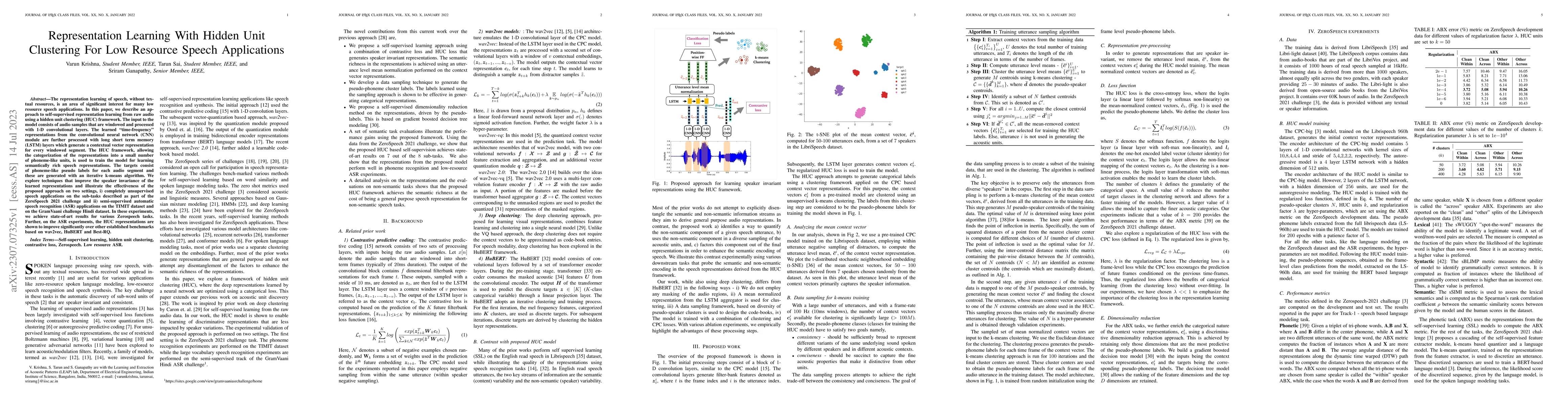 Thumbnail for Representation Learning With Hidden Unit Clustering For Low Resource
  Speech Applications
